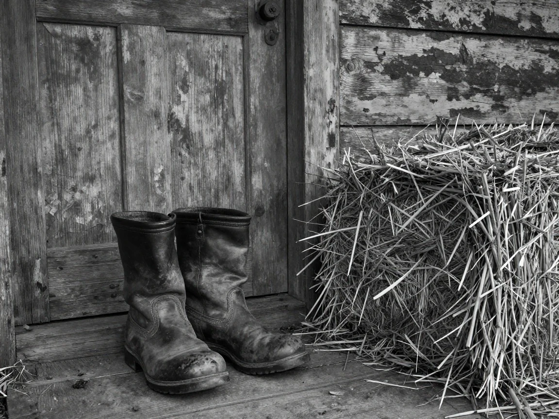A pair of worn work boots sits by a farmhouse door beside a bale of hay.