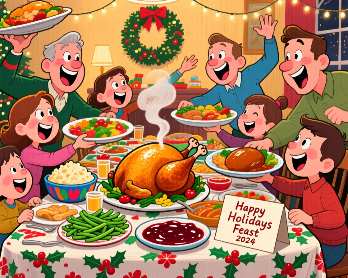 A family gathered for a holiday feast, passing dishes around a crowded table.