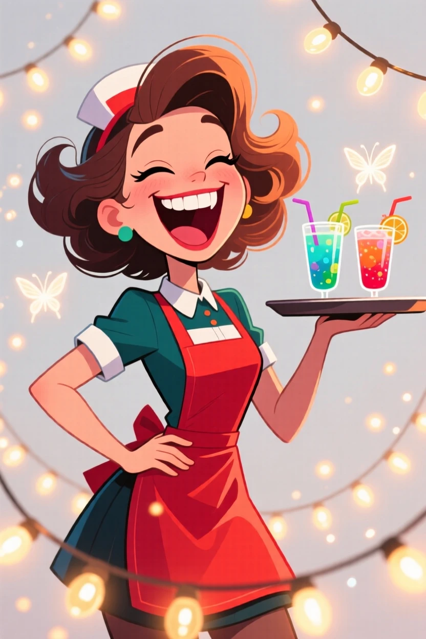 A charming portrait of a sassy waitress, laughing so hard their eyes squint shut, surrounded by twinkling fairy lights.