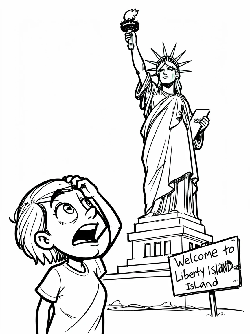 [Travel & Cultural Experiences] Vivid travel scene of a tourist gazing up at the towering Statue of Liberty, full of wonder and adventure