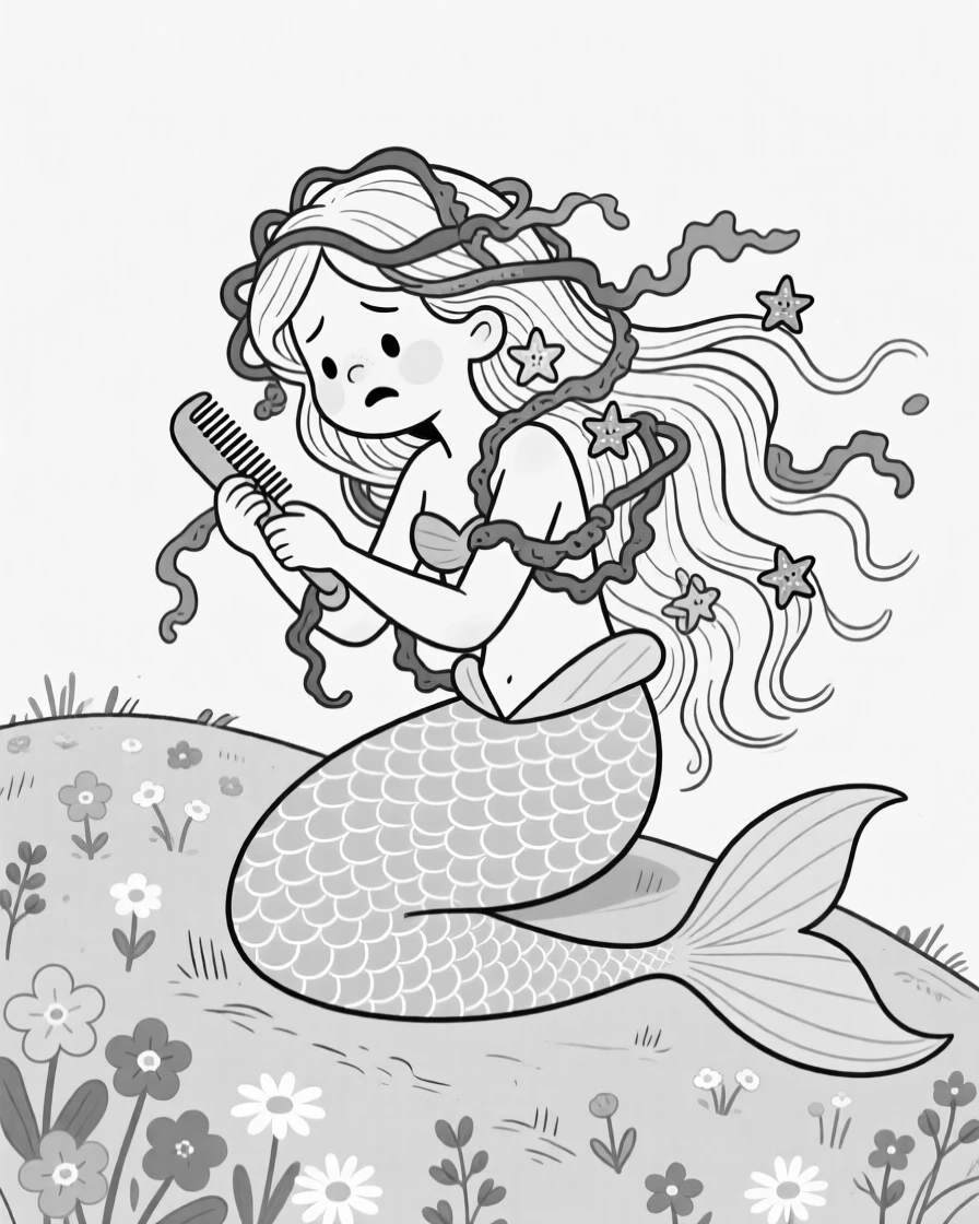 A mermaid tangled in seaweed while combing her hair, getting hopelessly knotted in kelp and starfish, set on a rolling hillside dotted with wildflowers. Scales shimmer faintly with every breathy snore. The image invites you to imagine the tale behind the mishap.