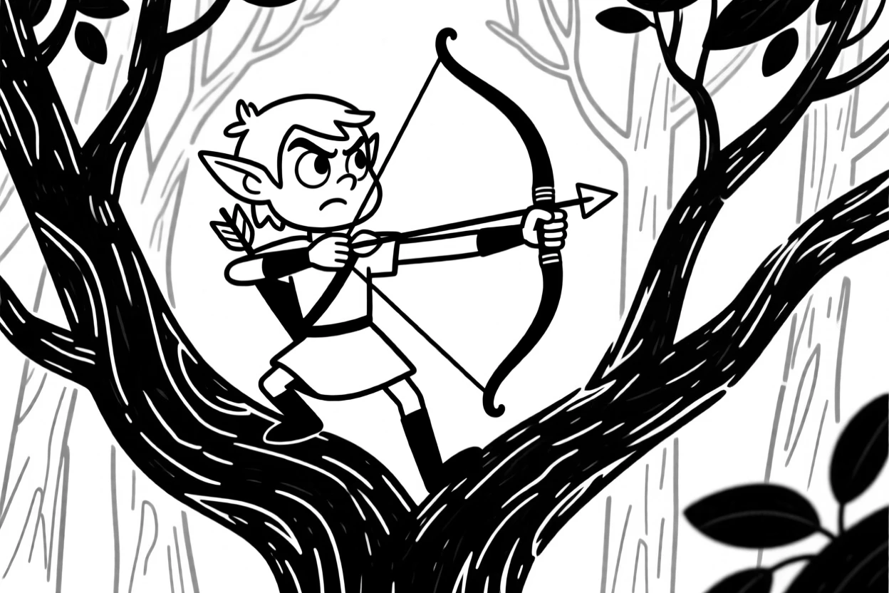 An elf archer perched in a treetop, bow drawn, watching over an ancient forest.