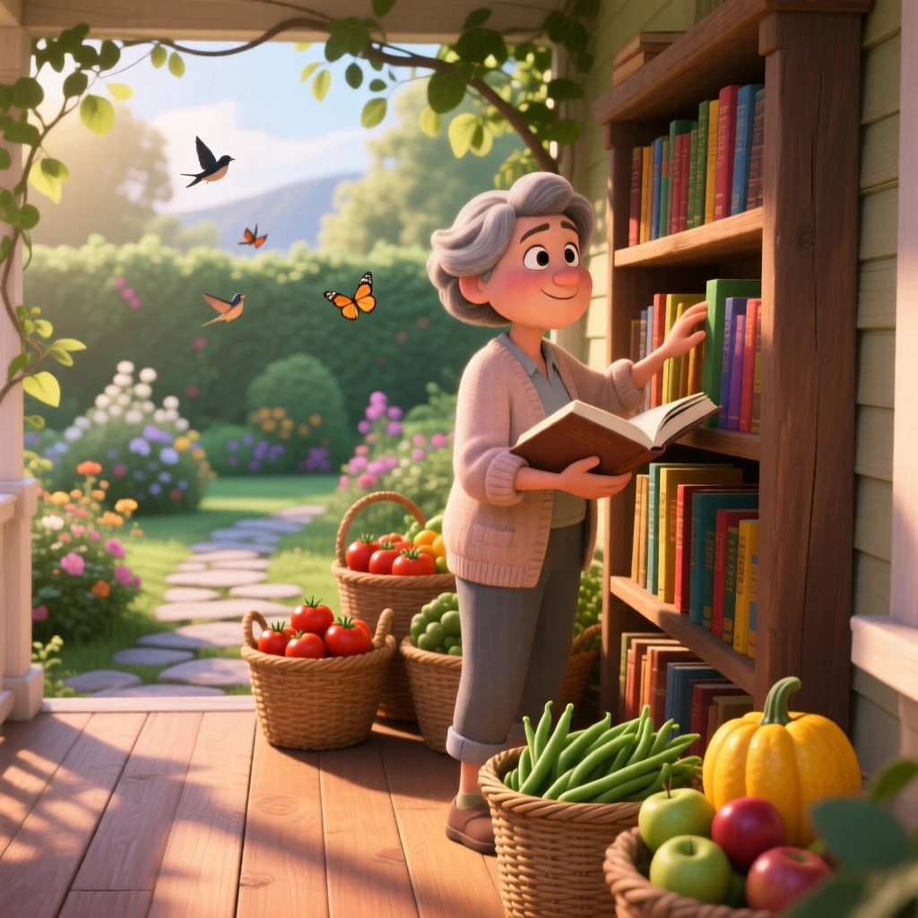 A librarian reshelving books in a quiet aisle is captured on a porch overlooking a quiet garden, with baskets of fresh produce stacked neatly. A quiet, wholesome charm lingers over the moment.