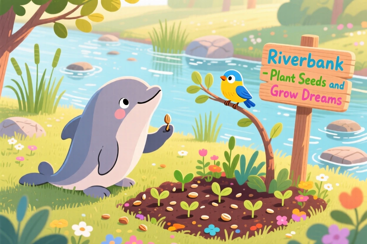 A gentle dolphin pauses from planting seeds in a garden bed to look up in a babbling riverbank, while a curious bird watches from a branch.