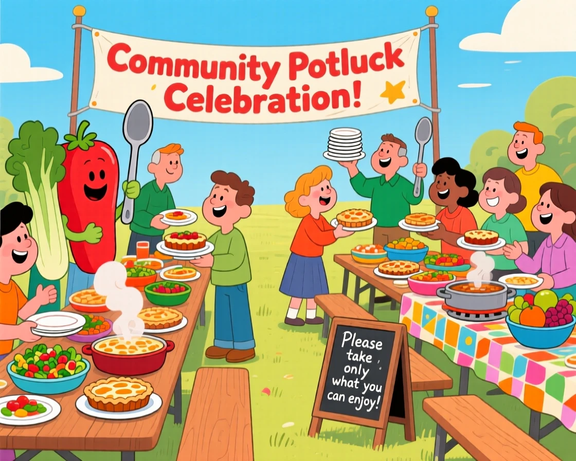 A community potluck with long tables full of homemade dishes.
