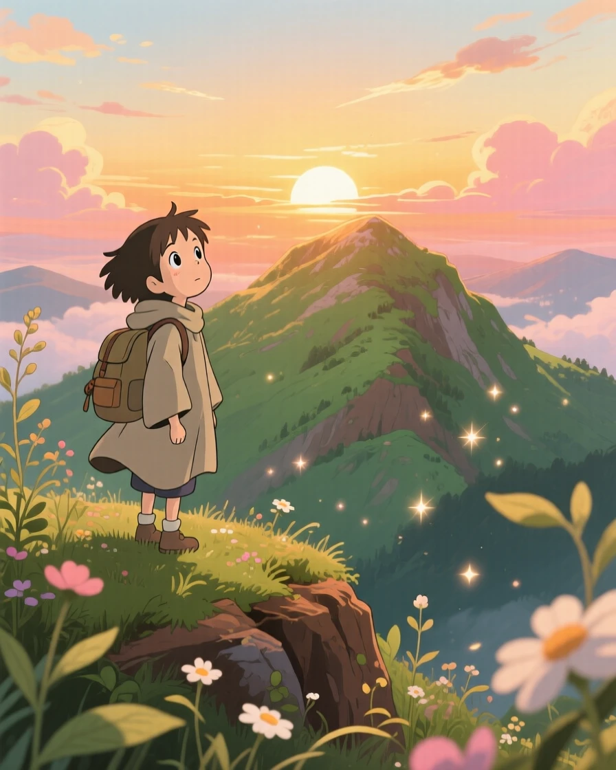 A tender moment of a traveler pausing to watch a sunrise from a mountaintop, the scene quietly moving.