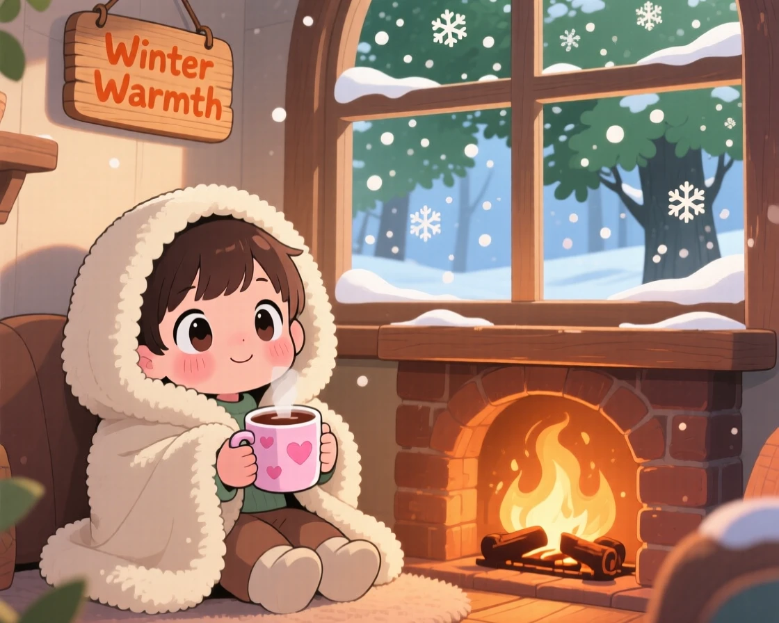 A small child sipping cocoa wrapped in a fluffy blanket in a warm fireplace corner during a cozy winter snowfall; dappled sunlight through a canopy washes over the scene as quiet contentment fills the moment. Low-angle shot looking up.
