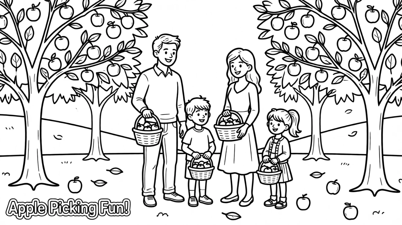 A family picking apples in an orchard during fall