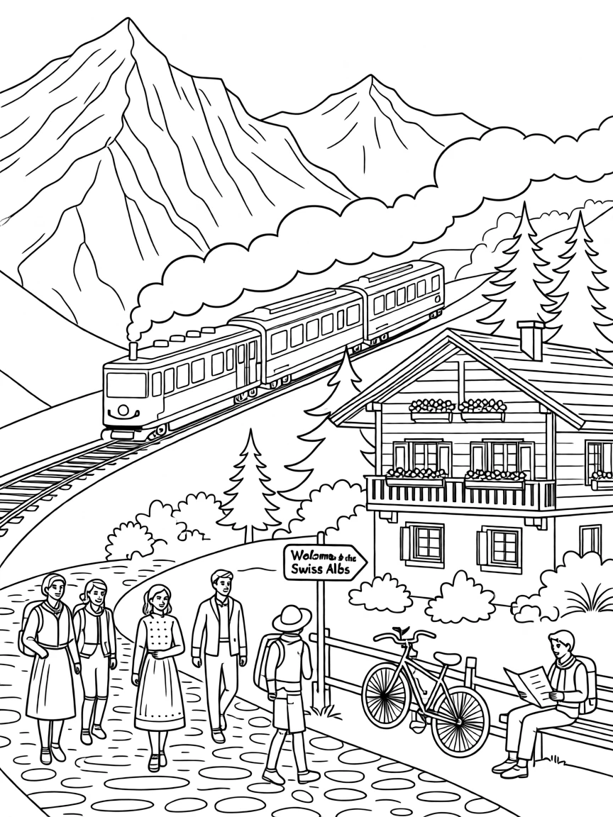 A train winding through the Swiss Alps, with locals and travelers strolling nearby.
