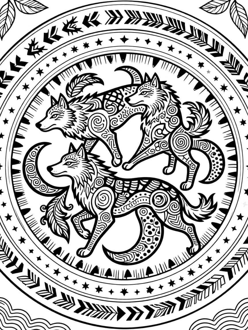 A mandala composed of interlocking wolves and moons in a tribal style.
