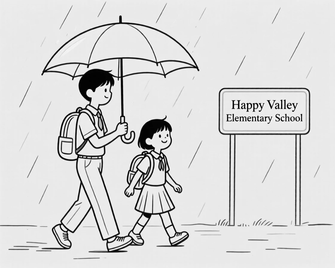 Siblings sharing an umbrella walking to school
