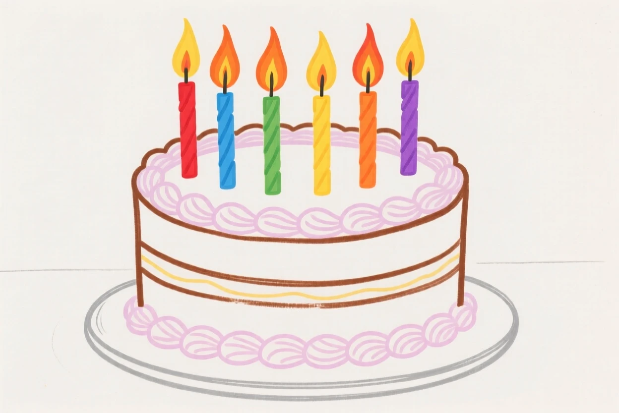 A birthday cake topped with lit candles.