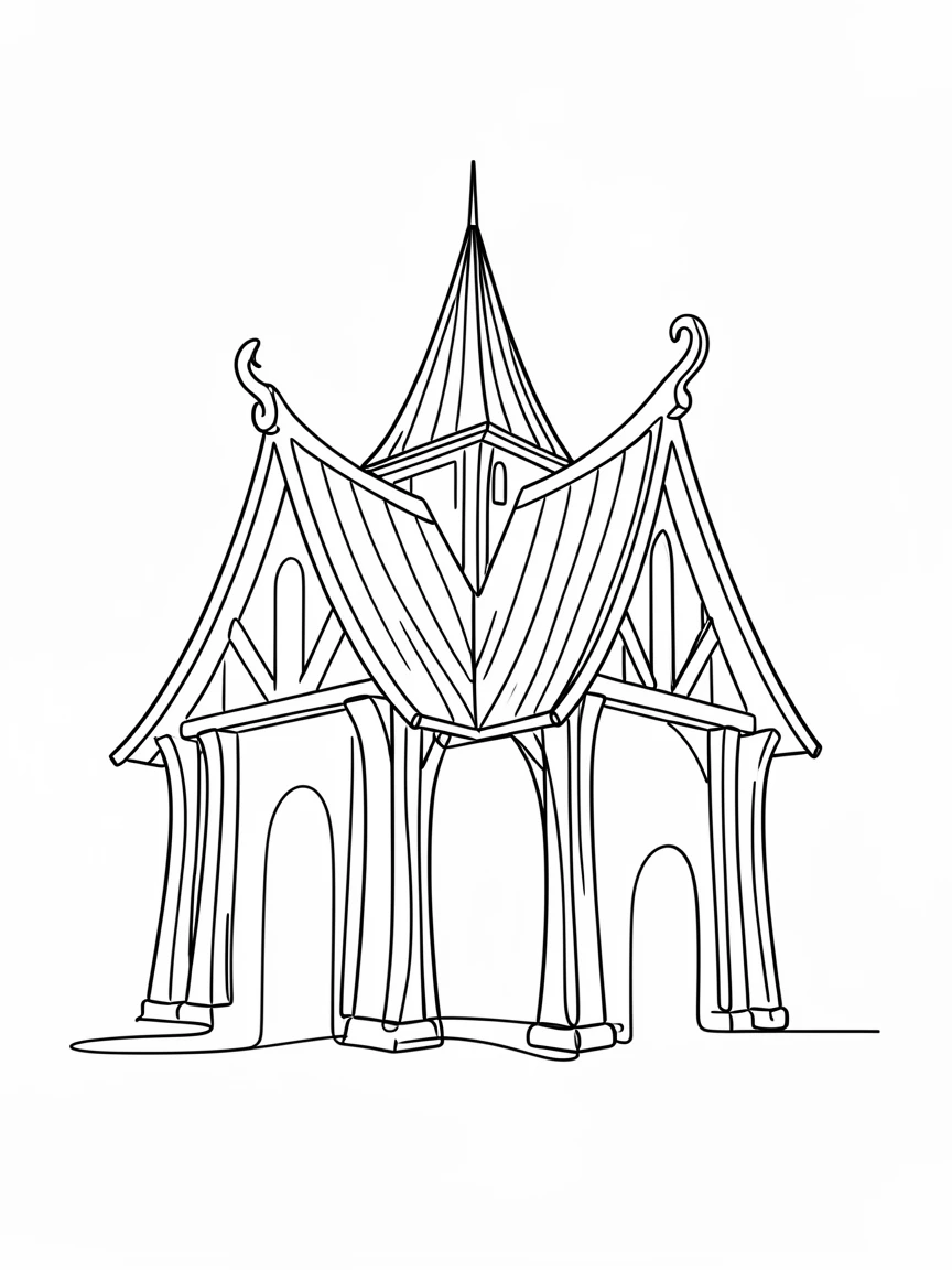 A traditional Nordic stave church with steep timbered gables