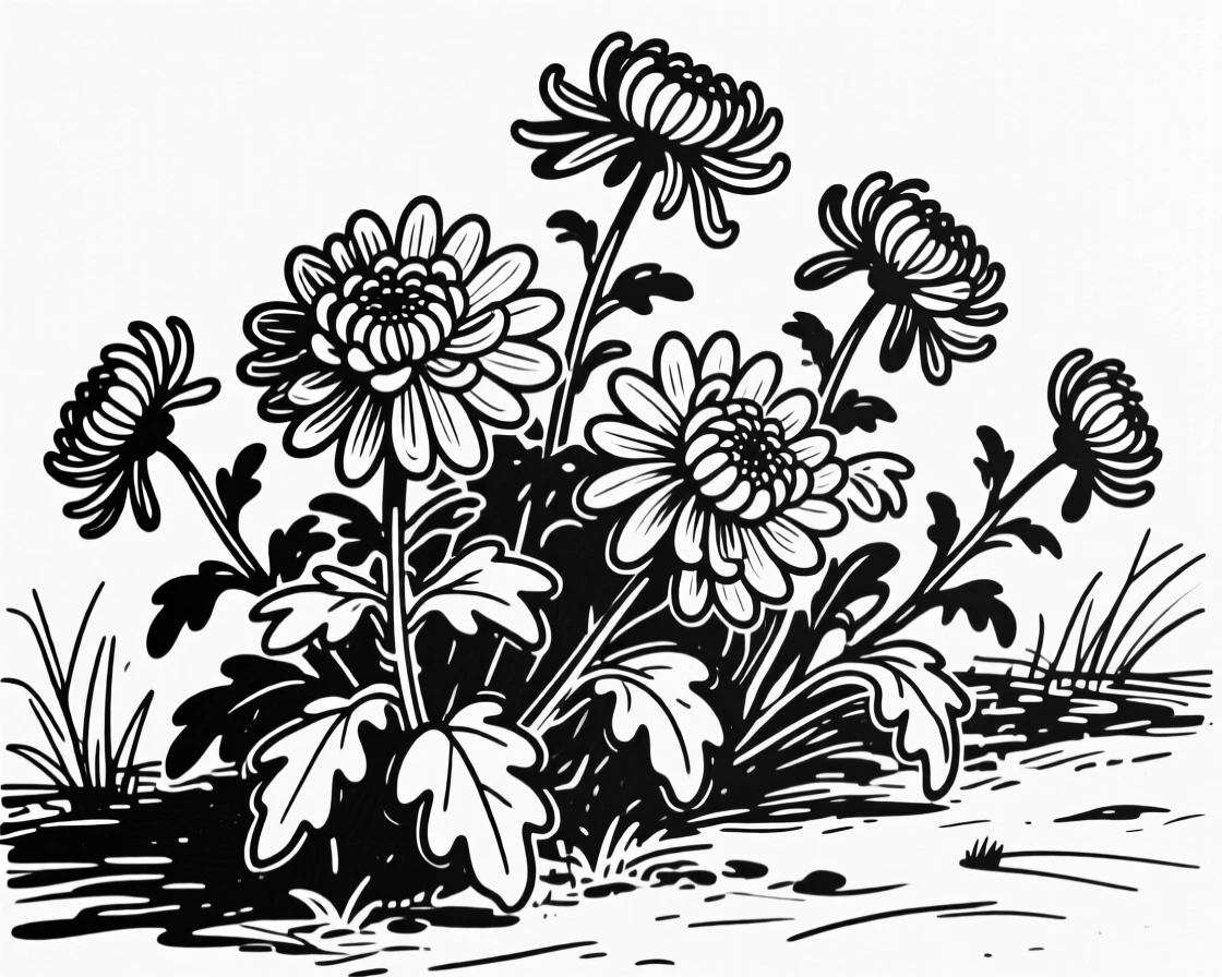 A cluster of chrysanthemums in autumn colors arranged in a garden bed.