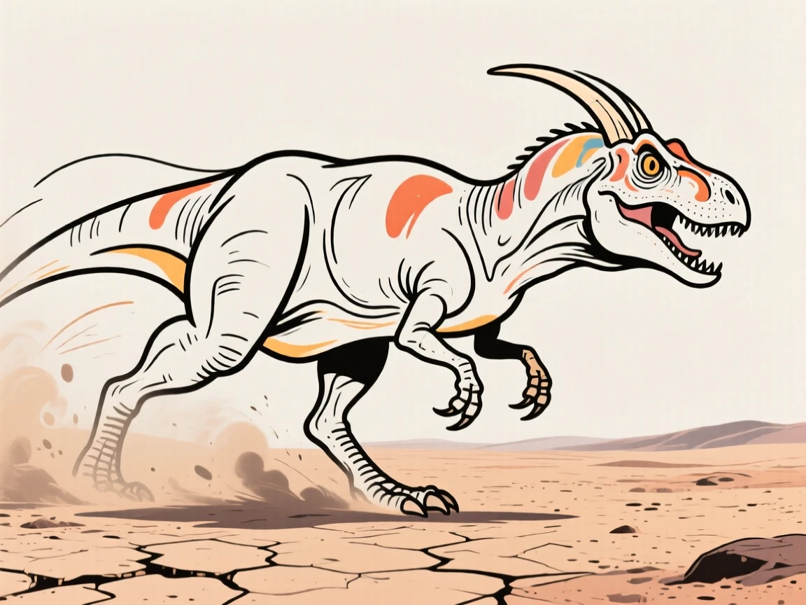 A Carnotaurus charging through a dry, dusty prehistoric landscape.