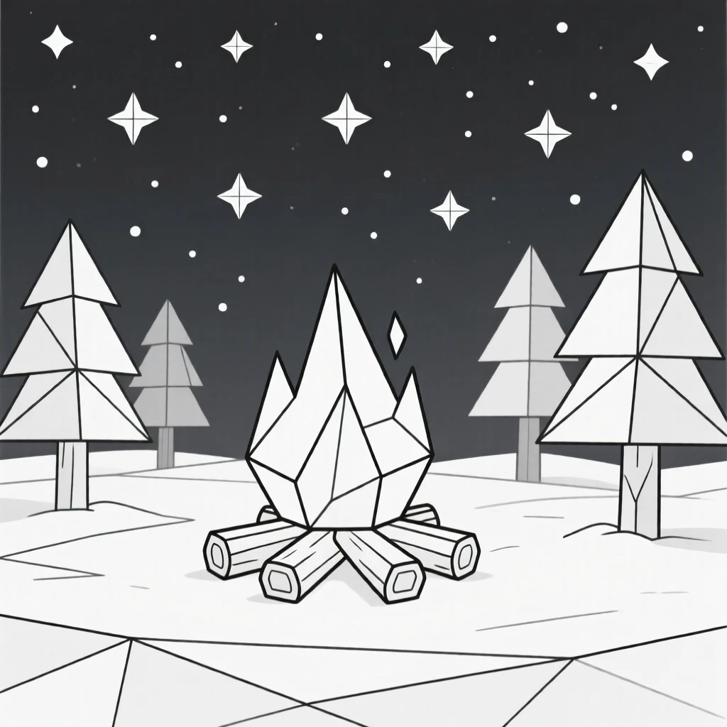 A winter solstice scene with a bonfire under starry skies