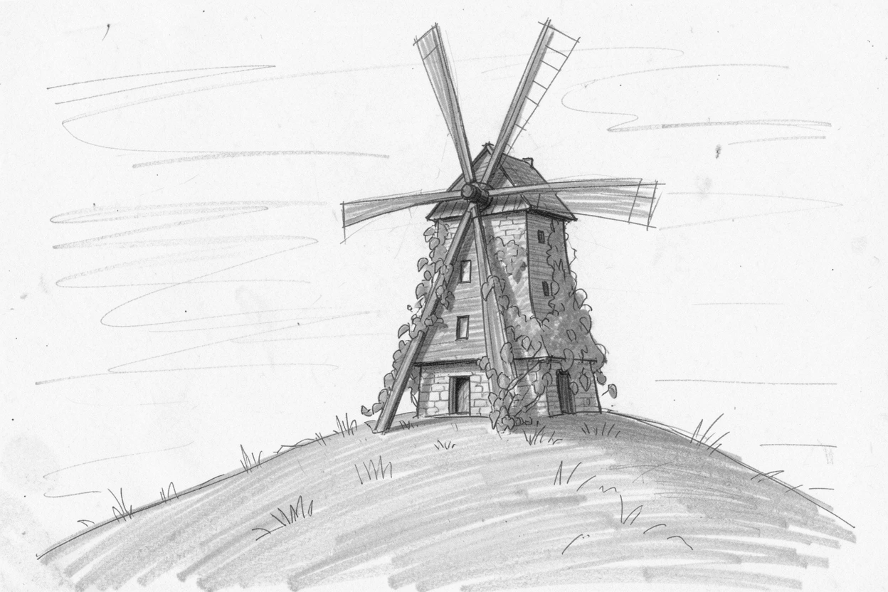 A stunning view of an old windmill on a green hill beneath a clear blue sky, with lush ivy climbing the walls.