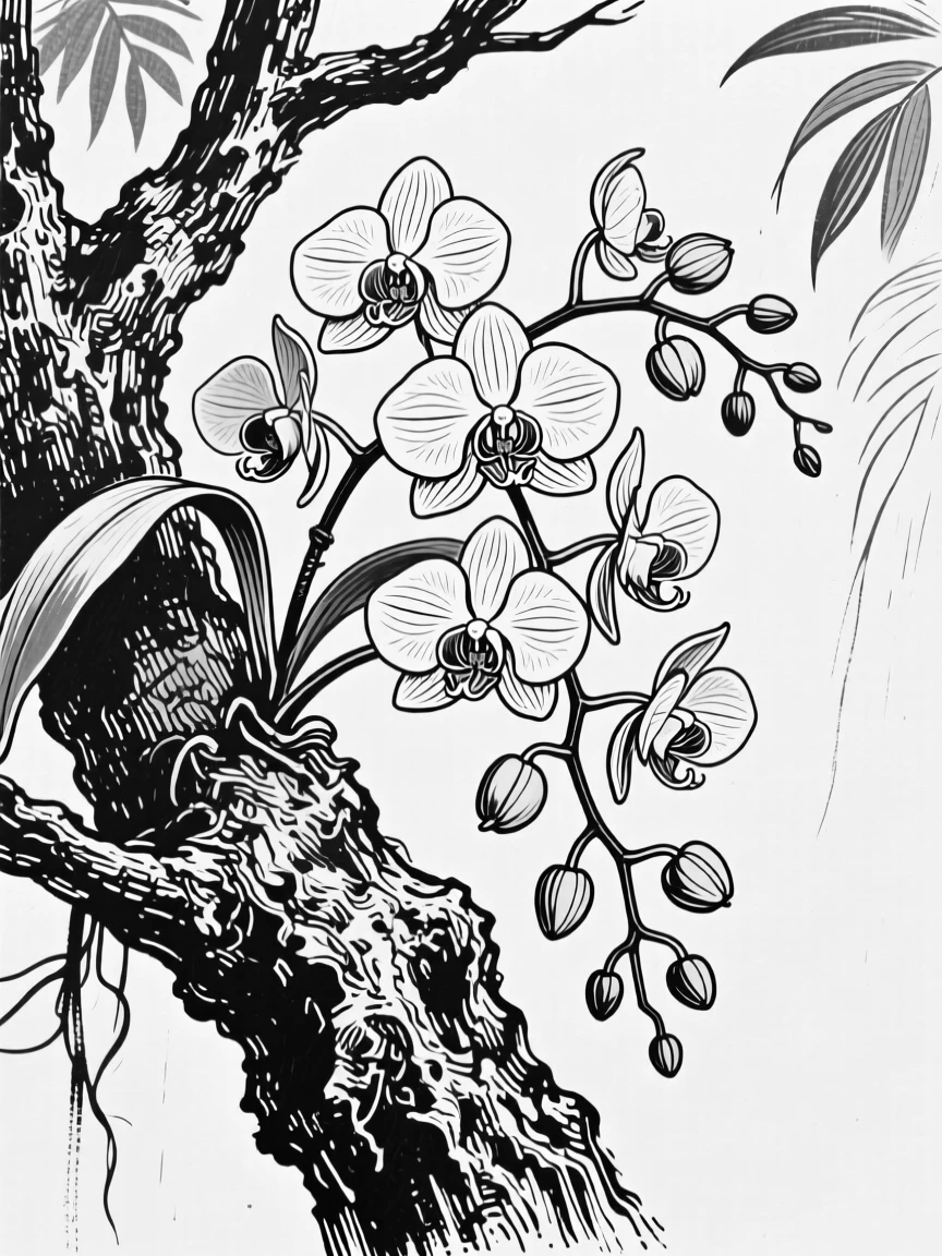A cluster of wild orchids growing on the branch of a rainforest tree.