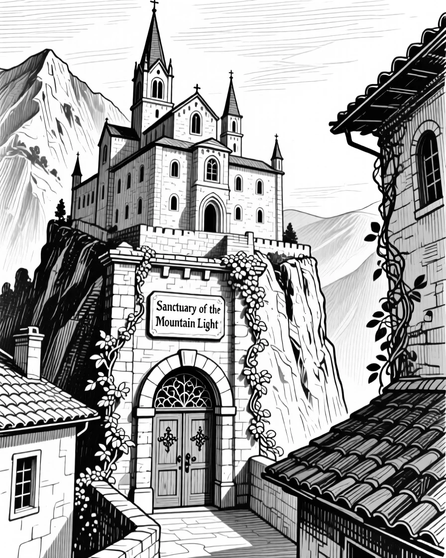 A mountain monastery perched on a cliff framed by surrounding rooftops, featuring climbing vines softening the stonework, rendered in an awe-inspiring architectural composition.
