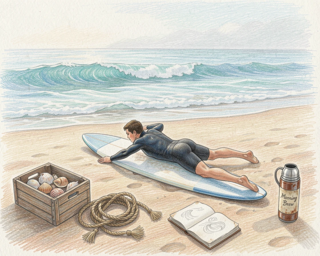A surfer paddling out toward gentle morning waves, surrounded by tools and materials that tell their own story, designed to feel calming and inspiring.
