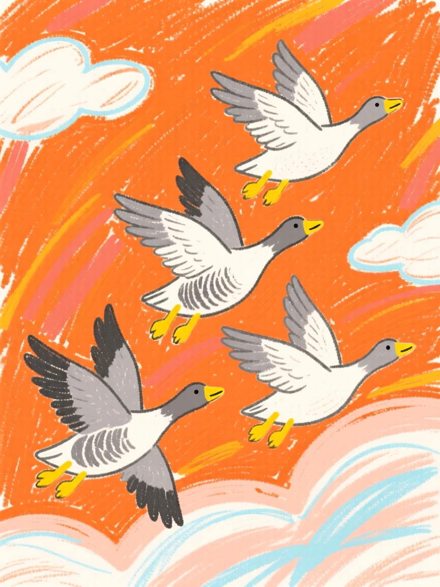 A flock of geese flying in formation across an orange sky.