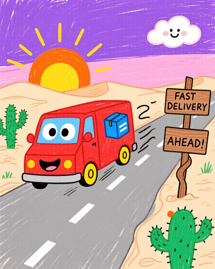 A friendly delivery van racing along a desert highway at sunrise.