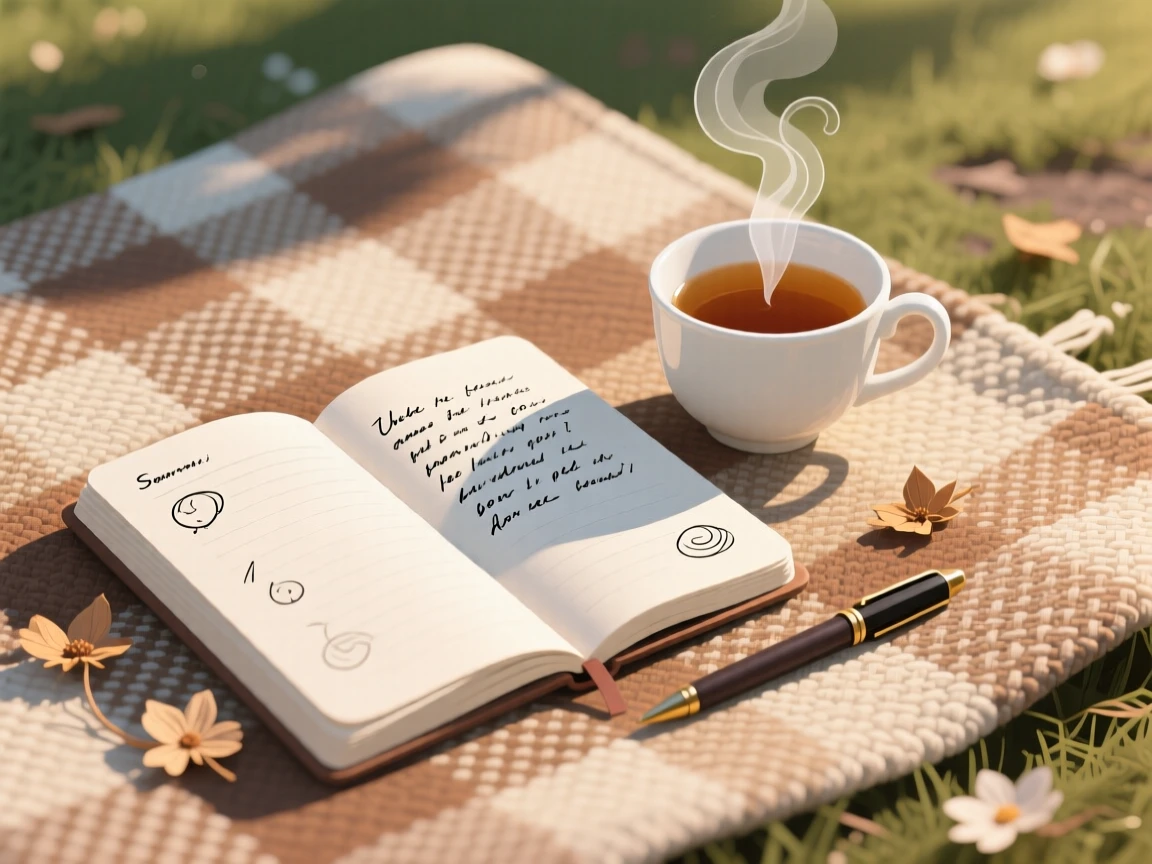 A morning journaling ritual with tea steaming beside an open notebook, placed on a woven picnic blanket outdoors, framed closely to highlight comforting small details, with subtle steam rising to add a warm, lived-in feel.