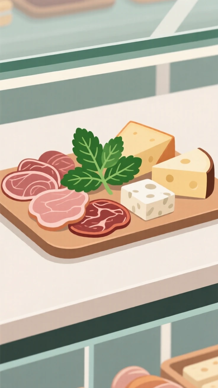 A freshly prepared charcuterie board served on a sprig of mint, set in a bakery display counter, inviting warm comfort.