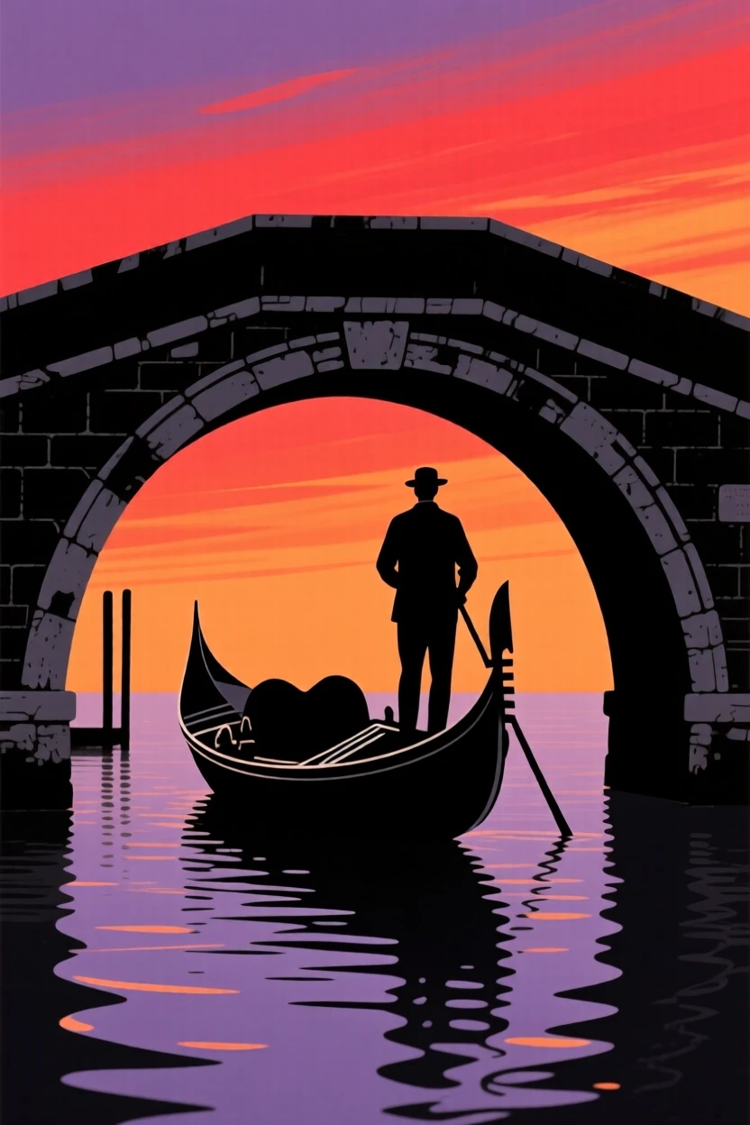 A gondola drifting beneath an arched stone bridge along a quiet canal.