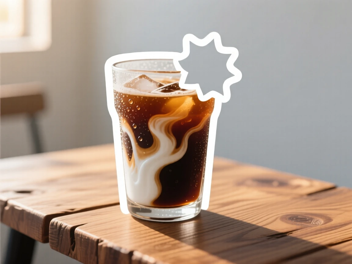A freshly made glass of iced coffee with layers of cream, with a bite already taken out of it, on a rustic wooden table with soft morning light.