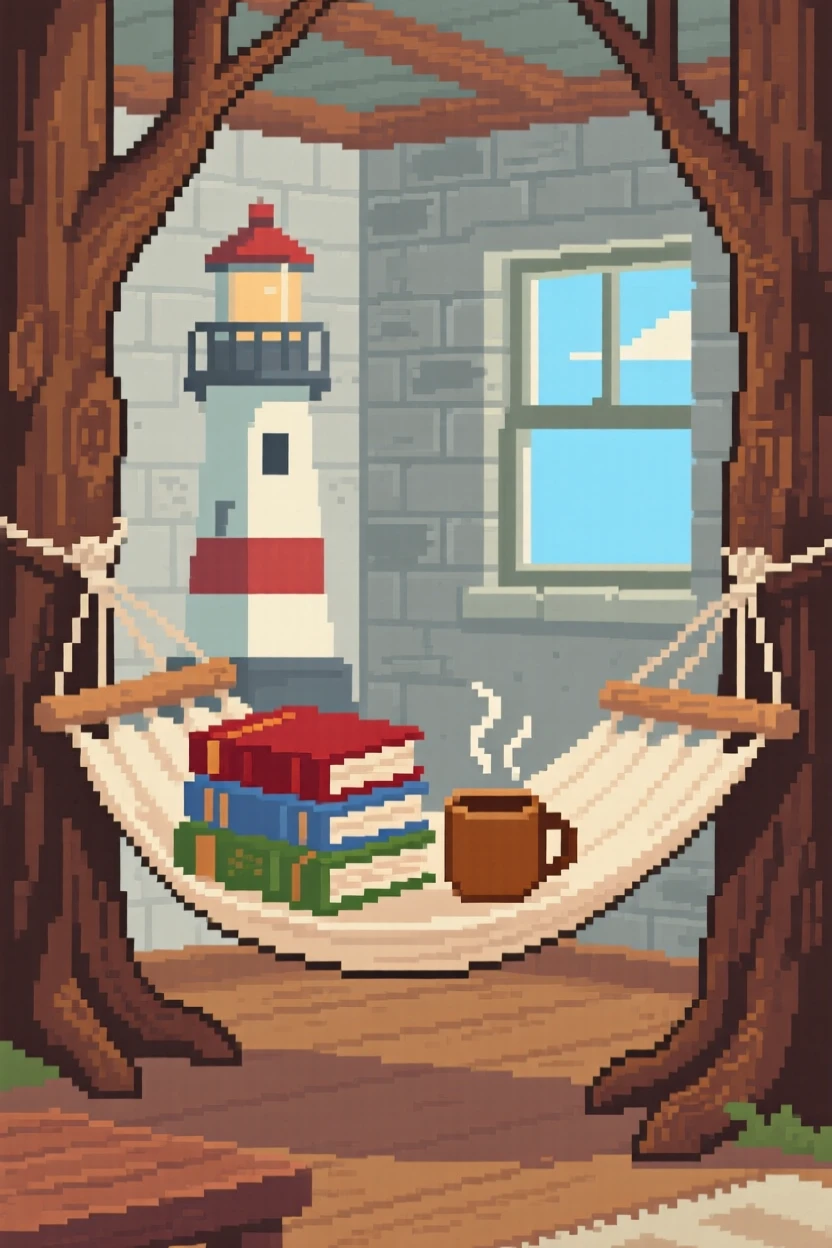 A hammock between two trees stacked with well-worn books and a steaming mug, within a lighthouse keeper's living room.