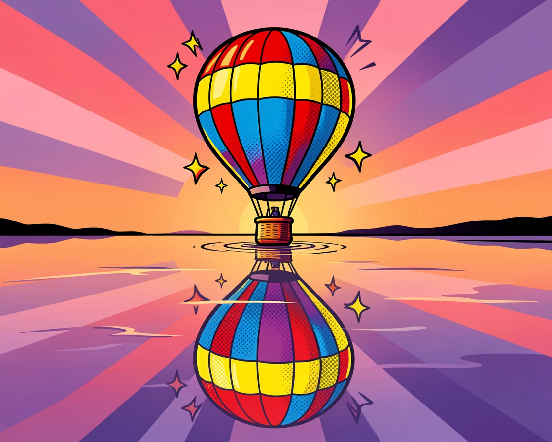 A hot air balloon reflected perfectly in a still lake at dawn