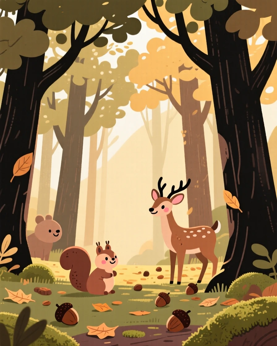 Sunlight filters through a dense woodland of towering oaks, casting dappled golden light across a forest floor scattered with scattered acorns.
