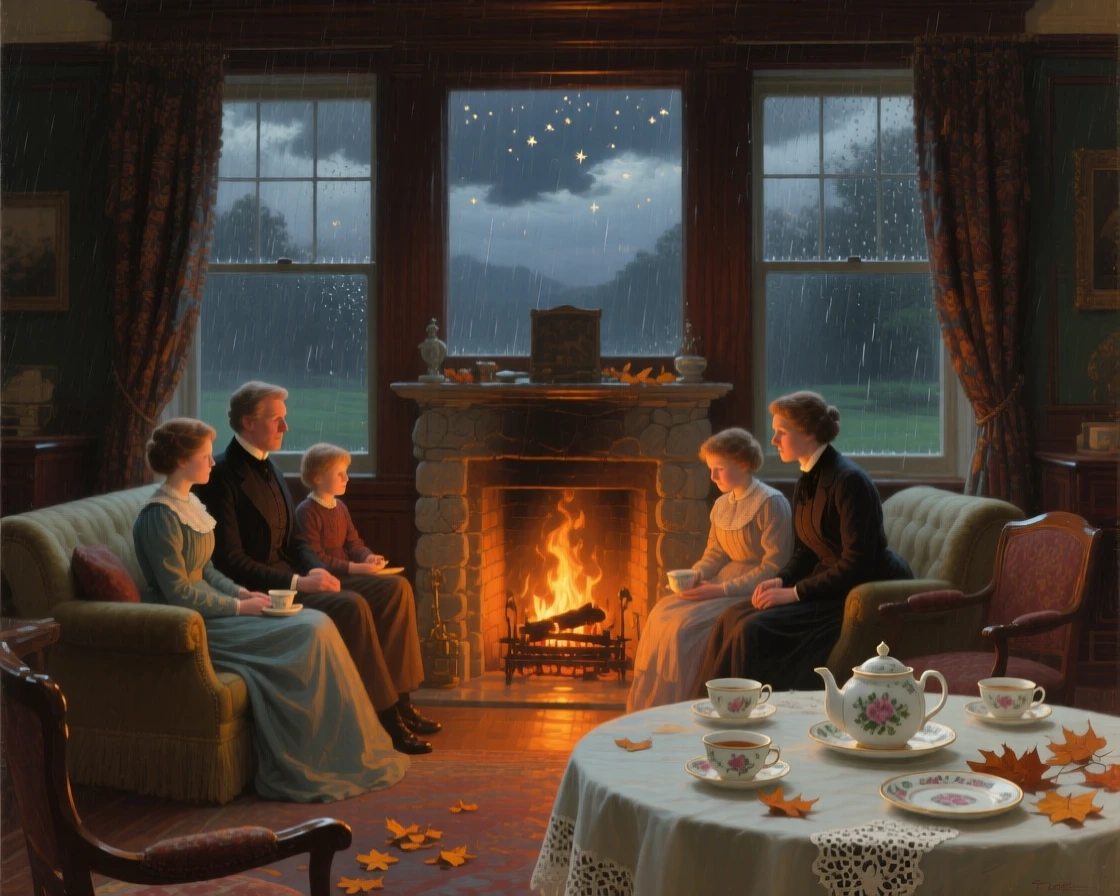 A wide establishing shot of a family sharing tea around a crackling hearth on a rainy afternoon, in the Victorian era, under a canopy of stars.