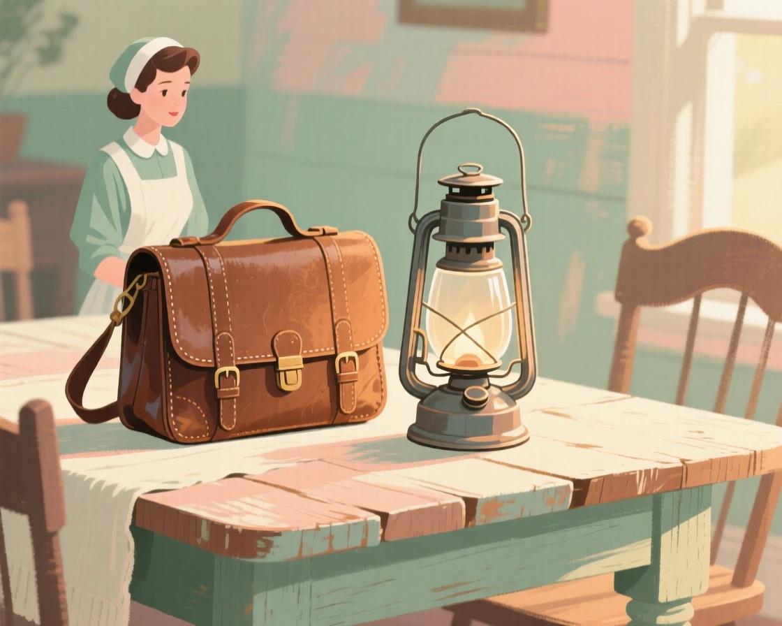 A midwife's satchel resting beside a lantern on a farmhouse table