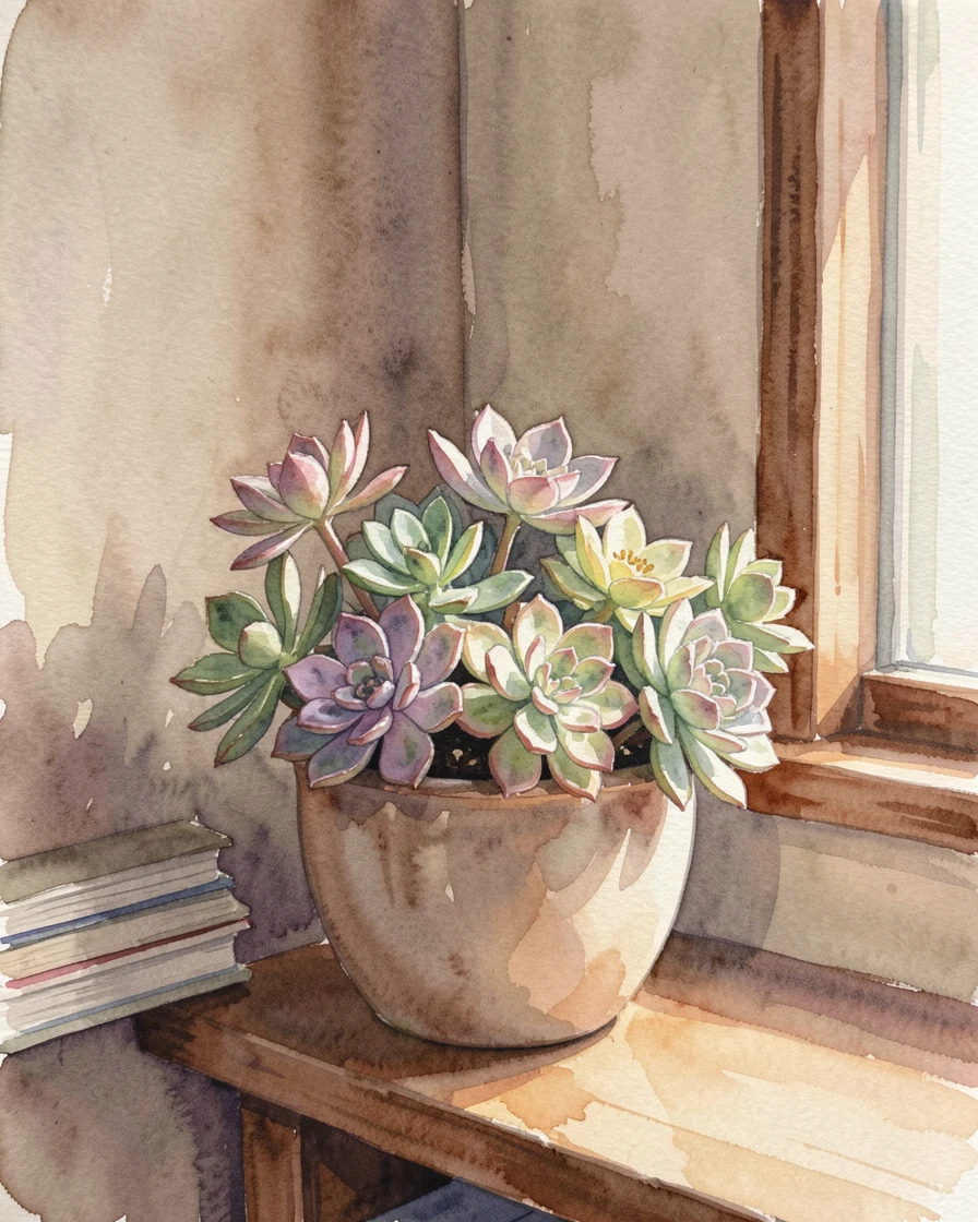 A pot of blooming succulents in the corner of a cozy study with soft light streaming across the blooms.