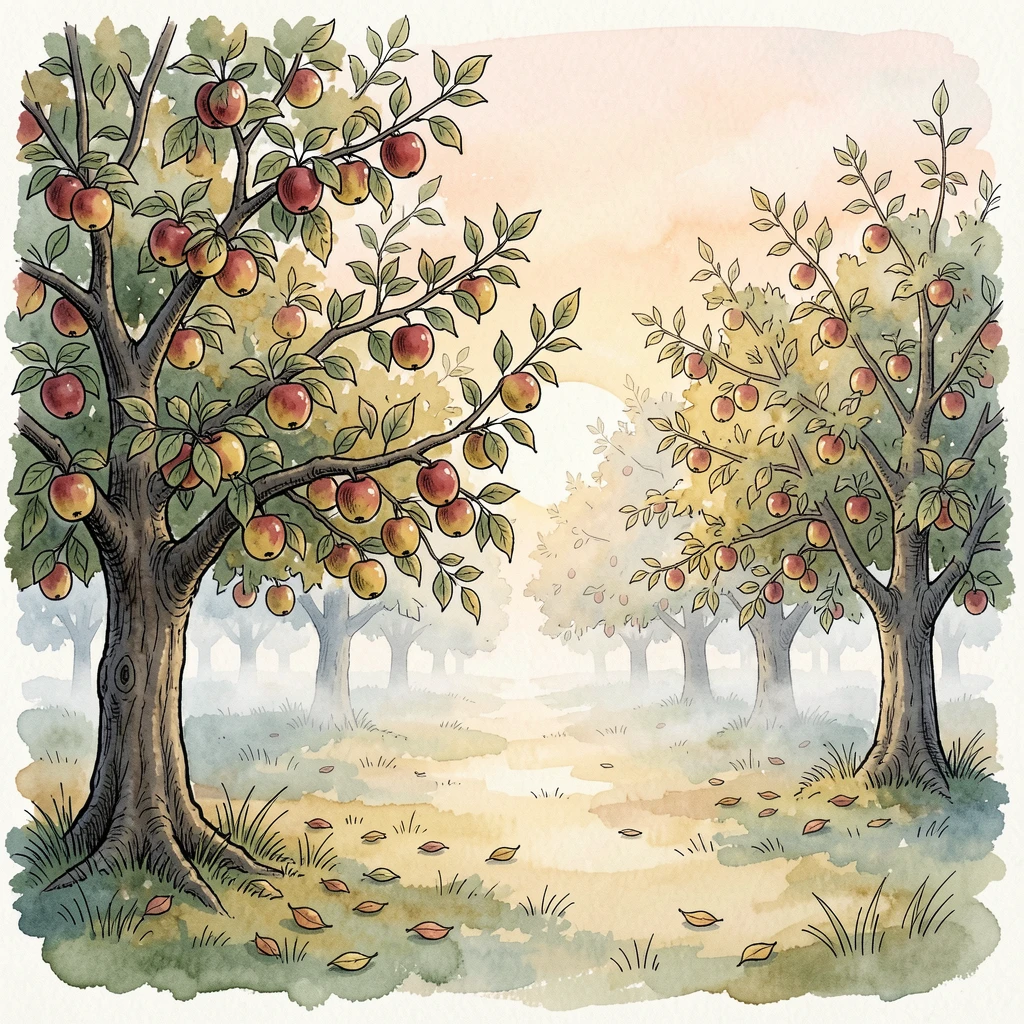 A quiet apple orchard heavy with ripening fruit in late summer, a soft mist clinging to the low ground as the sun begins to rise.
