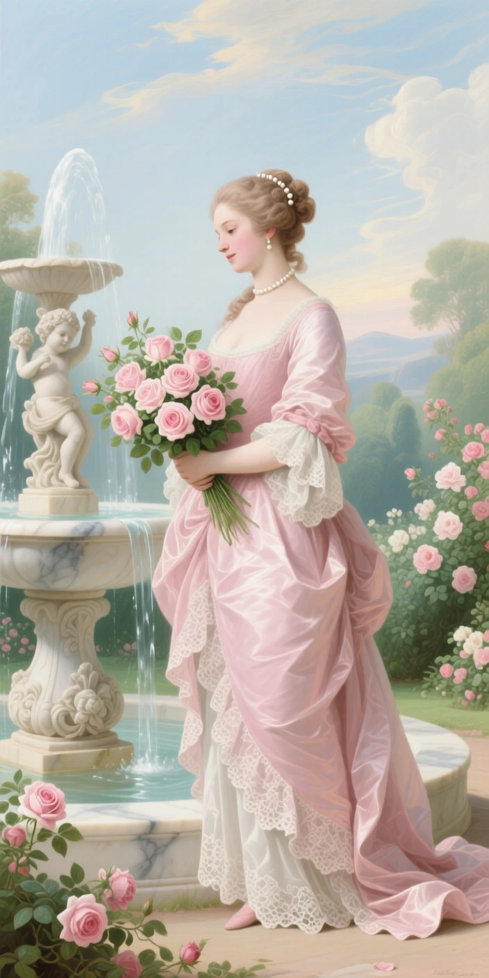 A noblewoman cradling a bouquet of pink roses beside a fountain  