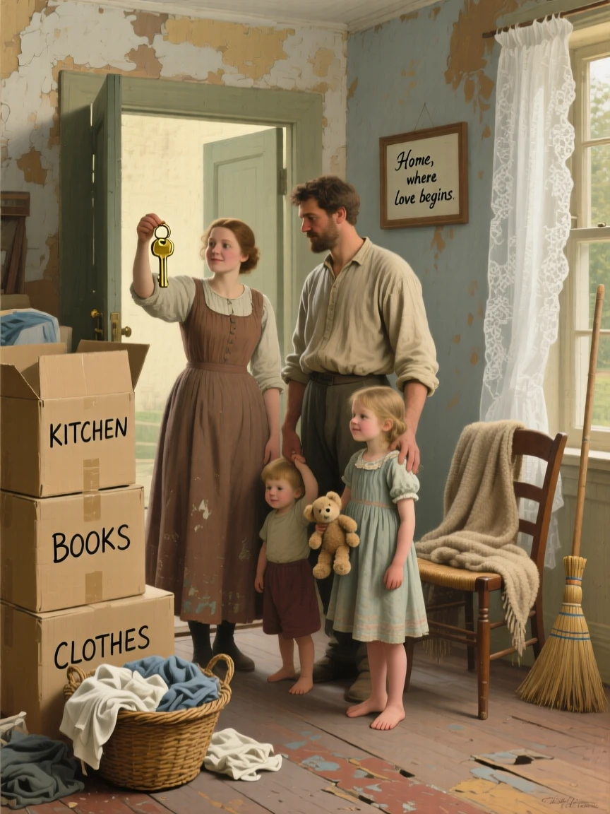 A young family moving into their first house, keys held up proudly, surrounded by the comfortable clutter of everyday domestic life, designed to remind viewers of their own cherished family memories