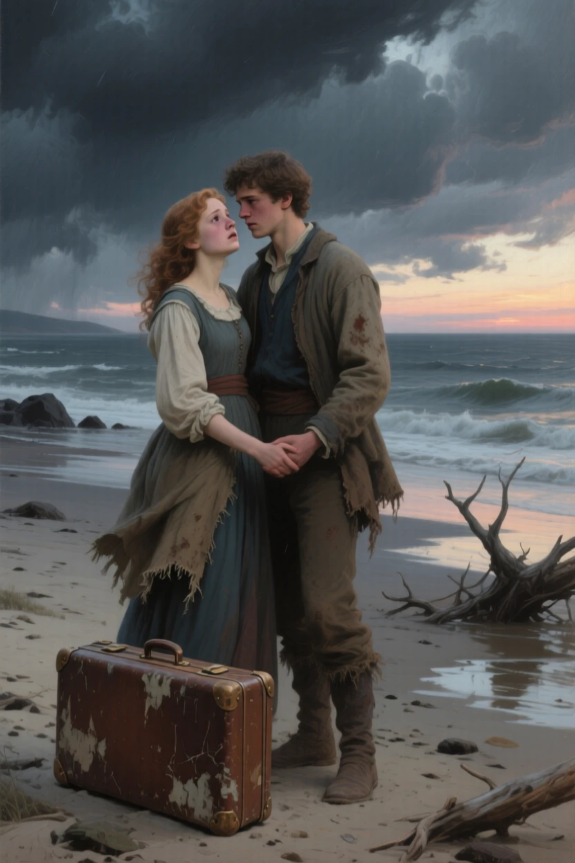 A young couple eloping under the cover of night at the moment hope and fear collide, set on a storm-battered shoreline at first light, with worn traveling clothes and a battered suitcase telling their own story; the composition uses negative space to emphasize the distance just closed, aching with bittersweet longing and hard-won joy.
