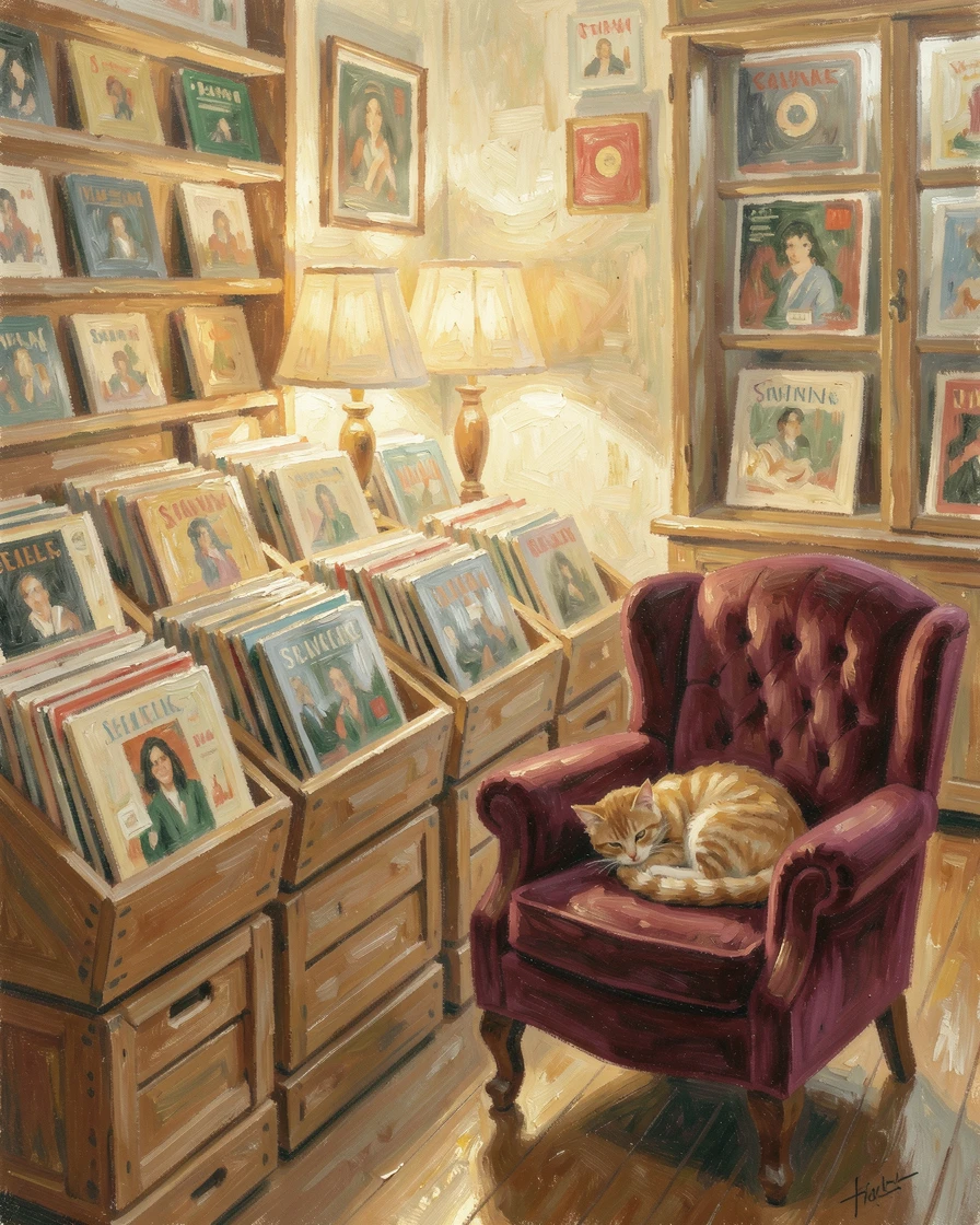 A vintage record shop with crates of albums, warm lamplight, and a cat curled on a velvet armchair.