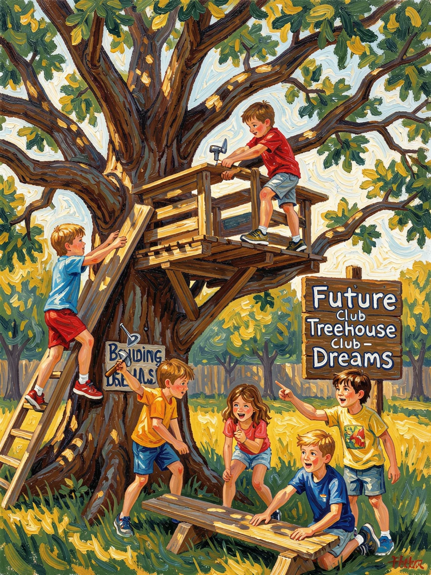 A group of children building a treehouse in a backyard oak on a summer afternoon.