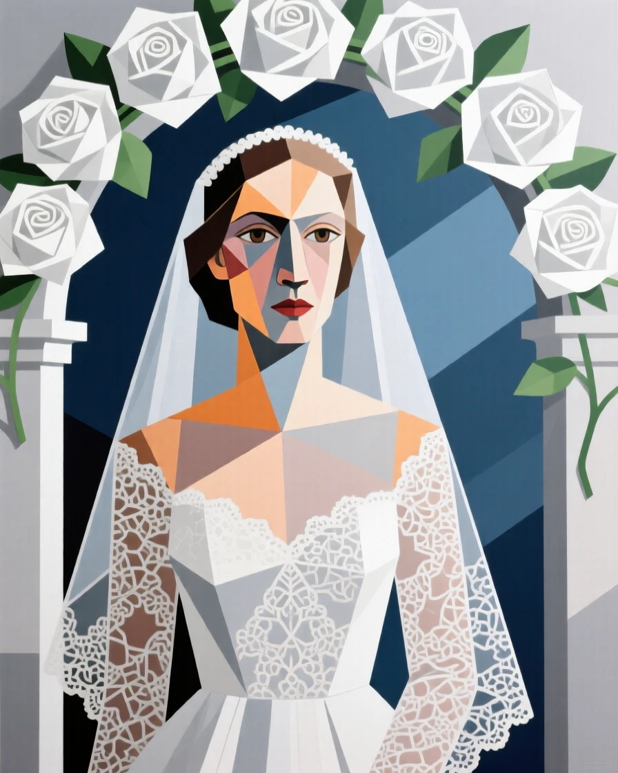 A bride in a delicate lace gown standing beneath an arch of white roses.