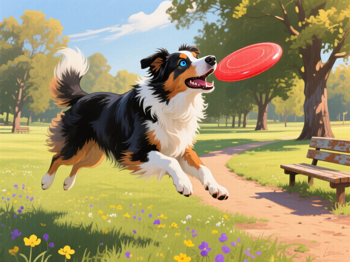 A playful Australian shepherd catches a frisbee mid-air in a sunny park, its multicolored coat and one blue eye captured in sharp focus, the moment captured with a sense of calm intimacy despite the wild setting.
