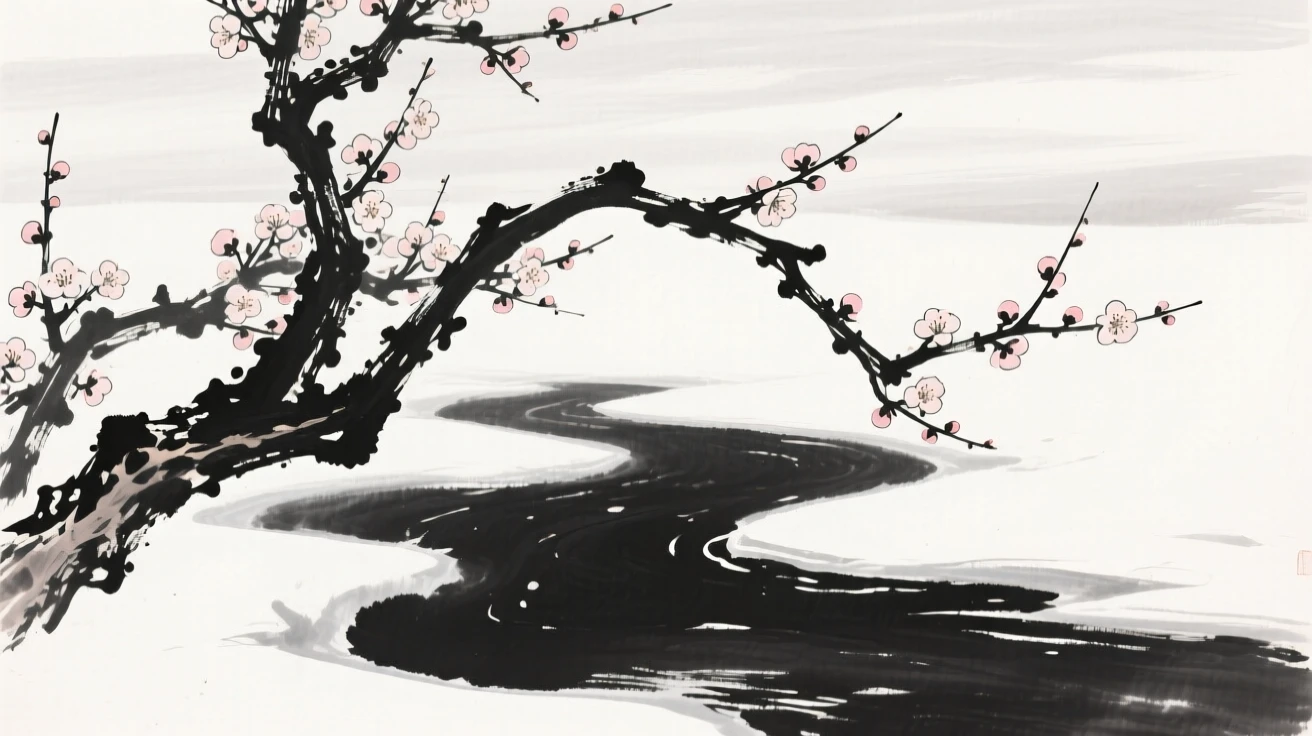 Branches heavy with plum blossoms arch over a frozen stream, beneath a pale winter sky.