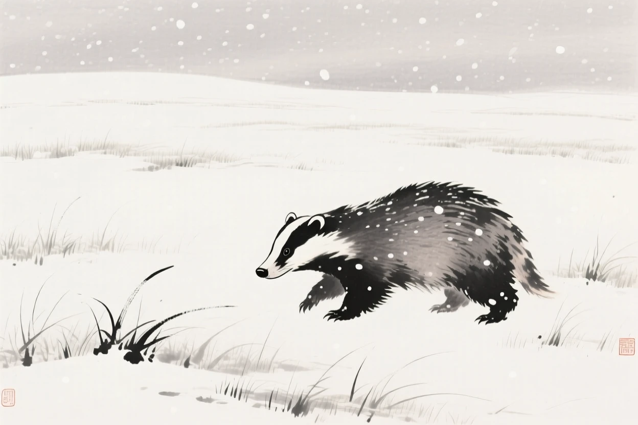 A badger moving silently through falling snow across an open grassy plain, positioned off-center, leaving space for the quiet landscape around it, evoking the gentle rhythm of the natural world.
