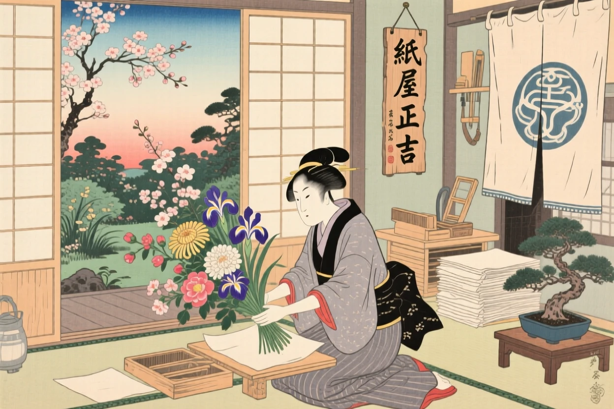 A papermaker arranging a graceful bouquet of seasonal flowers.