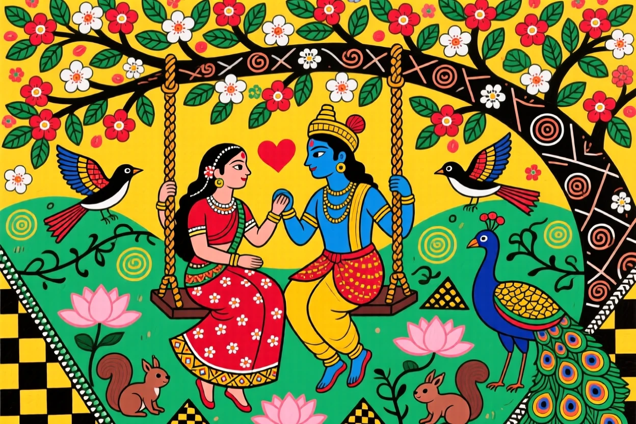 Radha and Krishna swinging together beneath a canopy of blossoms.