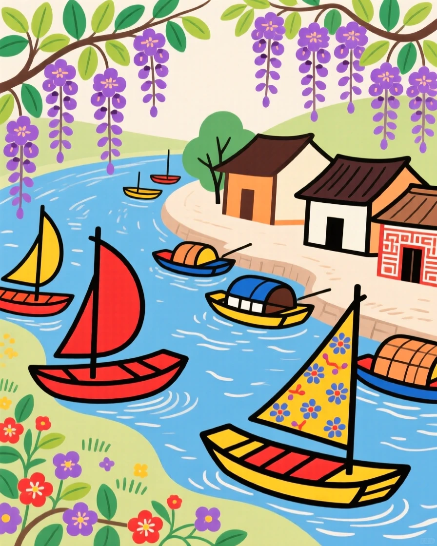 A view of a riverside village with boats moored along the bank, surrounded by blooming wisteria.