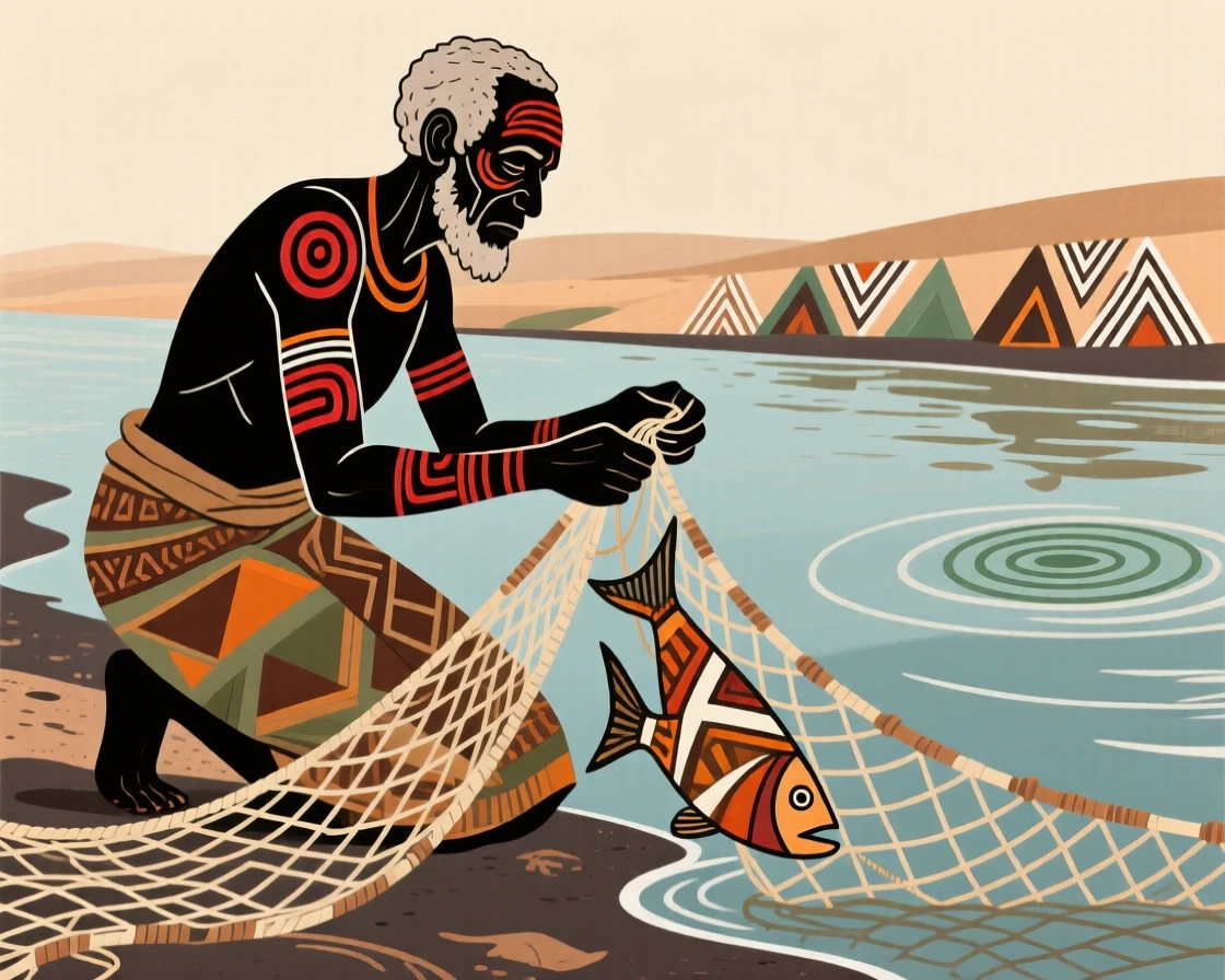 An old fisherman mending his nets by the riverbank.